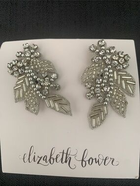 Elizabeth Bower Silver Crystal Leaf Cluster Earring Rosa Stud clip